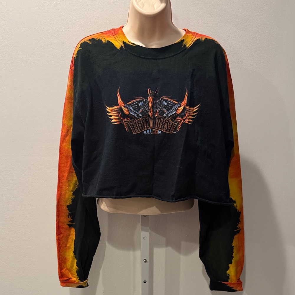 Anvil Black Orange Long Sleeve Tee Vintage Size L Women Crop Graphic